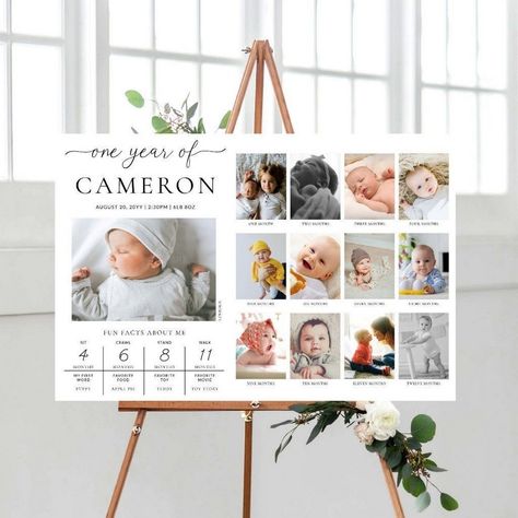 Creative Touches for First Birthday Milestone Signs 1st Year Photo Display, Milestone Birthday Ideas, Birthday Photo Displays, Educational Posters For Kids, Baby Footprints Christmas, Bday Brunch, Baby Handprint Art, Baby Handprint Crafts, Timeline Poster