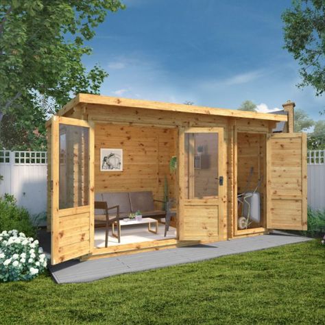 Adley 4.1m x 2.4m Hereford Log Cabin With Side Shed Garden Log Cabins, Insulated Garden Room, Creation Station, Hobby Room, Modern Flat, Timber Wood, Garden Living, Garden Buildings, Flat Roof