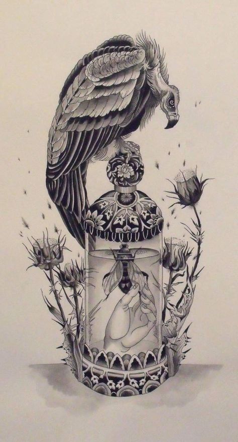 #tattoo #vulture #bee #thistle Traditional Vulture Tattoo, Vulture Tattoo, No Guts No Glory, 4 Tattoo, Juxtapoz Magazine, Desenho Tattoo, Birds Tattoo, Flash Art, Old School Tattoo