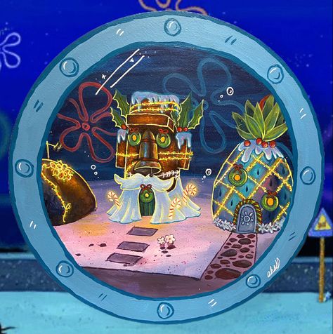 Spongebob Window Porthole Christmas Cute Art Bikini Bottom Bikini Bottom Art Cool Art Spongebob Art Spongebob Window Wallpaper, Spongebob Window Drawing, Painting Spongebob Window, Spongebob Window Printable, Spongebob Christmas Painting, Spongebob Christmas Aesthetic, Spongebob Scenes To Paint, Spongebob Porthole Painting, Flower Sky Aesthetic