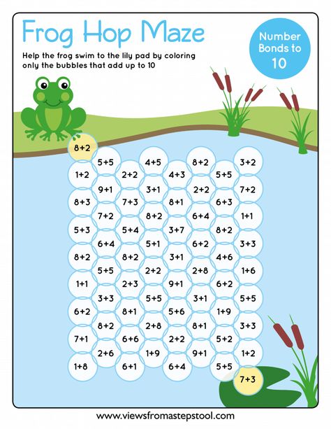 Frog Hop Number Maze Printables - Views From a Step Stool Adding To 10, Frog Life Cycle Activities, Number Maze, Concentration Activities, Number Bonds To 10, Frog Activities, Math Maze, Math Models, Maze Worksheet