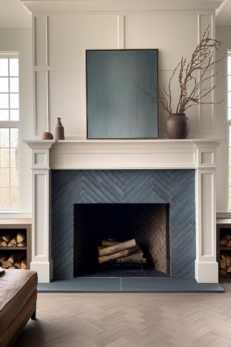 40 Charming Farmhouse Fireplace Tile Ideas You’ll Love Update Tile Fireplace, Black Tile Fireplace Surround, Modern Elegant Farmhouse, Blue Tile Fireplace, Farmhouse Fireplace Tile, Fireplace Makeover Tile, Fireplace Tile Ideas Modern, Fireplace With Tiles, Herringbone Fireplace Surround