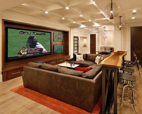 Love the finished basement and man cave ... #Design #Entertainment #EntertainmentRoom #Interior #InteriorDesign #HomeDecor #finishedbasementideas Bar Table Behind Couch, Ideas Decoracion Salon, Table Behind Couch, Basement Home Theater, Bar In Casa, Behind Couch, Basement Reno, Recreational Room, Man Cave Basement