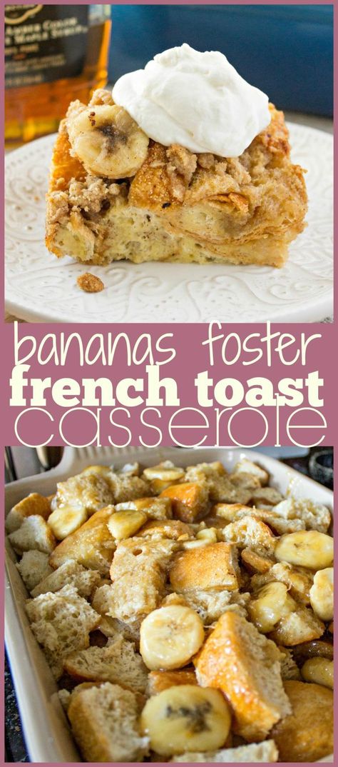 Bananas Foster French Toast Casserole- A yummy breakfast casserole made with french bread, custard, and caramelized bananas and topped with a crunchy crumb topping. Perfect for holiday breakfasts and brunch! Bread Custard, Easy Easter Brunch, Bananas Foster French Toast, Banana French Toast, French Toast Casserole Recipes, Toast Casserole, Easter Brunch Food, Caramelized Bananas, Bananas Foster