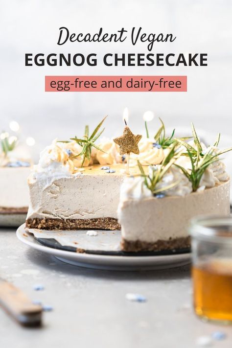 6 reviews · 6.5 hours · Serves 8 · This no-bake eggnog cheesecake is infused with whiskey and vanilla. The vegan cheesecake crust is made from oats and buttery pecans. Full of warm holiday flavours like nutmeg and cinnamon. You holiday… Vegan Tofu Cheesecake, Boozy Eggnog, Eggnog Cheesecake Recipe, Raw Vegan Cheesecake, Vegan Tarts, Vegan Eggnog, Caramel Dessert Recipes, Vegan Chocolate Recipes, Eggnog Cheesecake