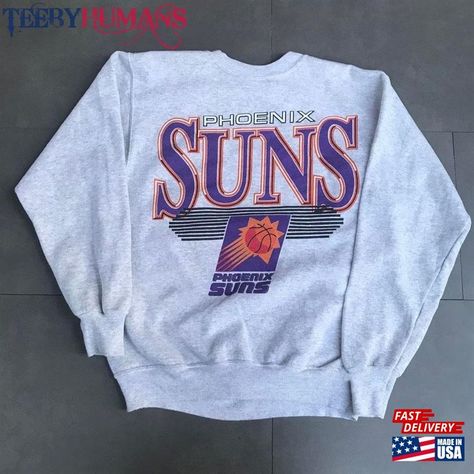 Vintage Sweatshirt Design, Phoenix Suns Logo, Vintage College Sweatshirts, Vintage Nba, 90s Clothing, Vintage Varsity, School Sweatshirts, Sun Logo, 90s Sweatshirt