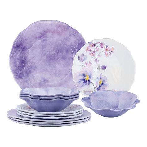 PRICES MAY VARY. Lavender Flower Design: The plates and bowls showcase a lovely Lavender flower print that exudes freshness and sophistication. The intricate details and soft colors of the floral design add visual interest to your table setting, making it perfect for both casual meals and special occasions. Our dinnerware set is conveniently stackable to keep your kitchen neat and organized and save space in drawers and cabinets. Complete Dinnerware Set: The set includes 12 pieces, featuring din Lilac Gold Table, Unicorn Plates And Cups, Purple And Green Dining Table, Round Grey And White Purple Dining Room, Flower Dining Set, Vintage Plastic Dinnerware, Walmart Dinnerware Sets, Purple Utinsel, Purple And Silver Plates