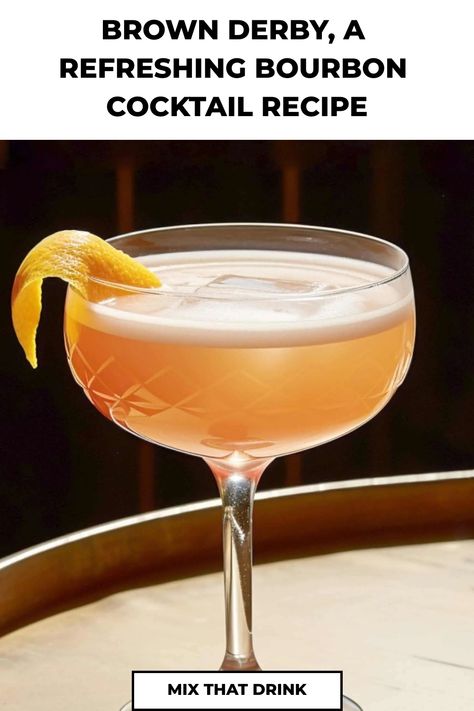 Looking to elevate your summer cocktail game? The Brown Derby cocktail is a must-try! This refreshing drink combines bourbon, grapefruit juice, and honey syrup for the perfect balance of sweet and tangy flavors. Whether you're hosting a backyard BBQ or relaxing by the pool, this classic cocktail is sure to impress your guests. Shake one up today and sip on summertime goodness with every delicious sip of a Brown Derby cocktail! Grapefruit Bourbon Cocktail, Brown Derby Cocktail, Penicillin Cocktail, Derby Recipe, Bourbon Cocktail Recipe, Party Food Bar, Grapefruit Cocktail, Whiskey Recipes, Bourbon Cocktail