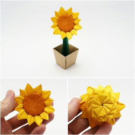 Origami Sunflower - Jo Nakashima Origami Sunflower, Diy Easy Paper Crafts, Paper Crafts Tutorial, Sunflower Paper Craft, Snowflake Wall, Origami Toys, Origami Diagrams, Paper Sunflowers, Wall Decoration Ideas