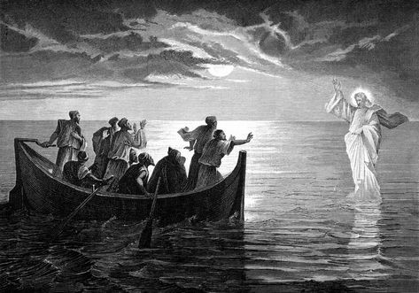 Grey Drawing, Gustavo Dore, Jesus Walks On Water, Jesus Walking, Drawing Canvas, Calming The Storm, Jesus Stories, Walk On Water, Biblical Art