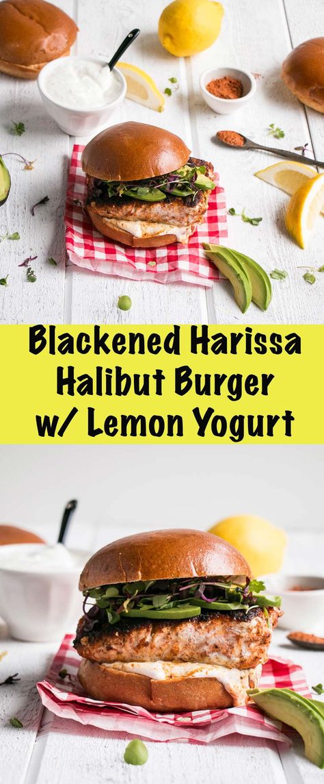 Blackened Harissa Halibut Burger is a dream of a fish burger. Perfectly spiced with a harissa blackened halibut burger, with a cooling lemon yogurt, all on a delicious brioche bun. Sauce For Halibut, Halibut Burgers, Blackened Halibut, Easy Sandwiches, Garlic Yogurt, Fish Burger, Brioche Bun, Fantastic Recipes, Burger Patties