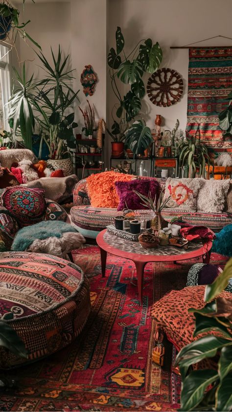 Bohemian-style living room with colorful textiles, plants, and eclectic decorations. Boho Hippy Living Room, Boho Eclectic Living Room Ideas, Hippy Living Room, Boho Loft Apartment, Boho Eclectic Living Room, Eclectic Bohemian Living Room, Homely Decor, Vintage Boho Home, Bohemian Style Interior Design