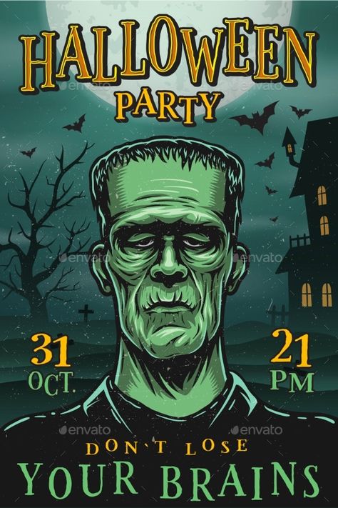 Halloween party poster with monster, zombie, house, tree and bats Zombie House, Marcos Halloween, Halloween Invitaciones, Fall House Flags, Halloween Party Poster, Halloween Garden Flag, Casa Halloween, Monster House, Fall Banner