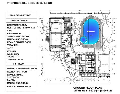 Ground floor club house planning autoad file Community Club House Design Plan, Clubhouse Floor Plan Design, Club House Plan Architecture, Club House Design Plan, Clubhouse Design Architecture Plan, Club House Design Clubhouses, Clubhouse Floor Plan, Club House Architecture, Clubhouse Plan