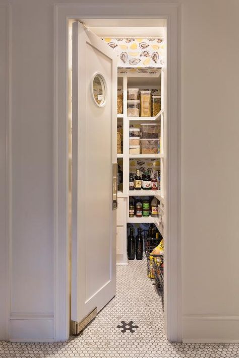 Kitchen Pantry with Swinging Door - Transitional - Kitchen Swinging Butler Pantry Door, Swinging Pantry Door Walk In, Pantry Swinging Door, Swinging Pantry Door, Swinging Doors Kitchen, Oyster Wallpaper, Mudroom Door, Pantry Door Decor, Well Stocked Pantry