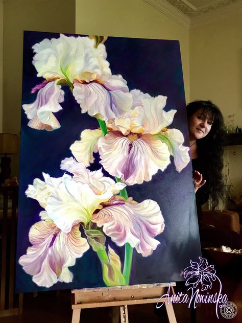 Big Flower Painting, Iris Painting, British Flowers, Flower Painting Canvas, Art Interiors, Paintings Oil, Iris Flower, Easy Canvas Painting, Teal Background