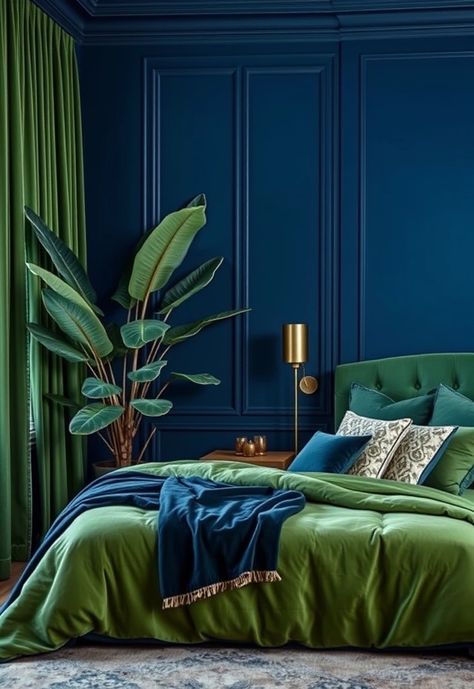 29 Bold Colors in Contemporary Bedroom Design: Transform Your Space with Deep Blues - 3. Bold Blue and Green Fusion 2025 Bedroom Color Trends, Colorful Modern Bedroom, Color Proportion, Blue And Green Bedroom, Blue Window Treatments, Contemporary Guest Room, Peacock Blue Bedroom, Emerald Green Decor, Contemporary Bedroom Design