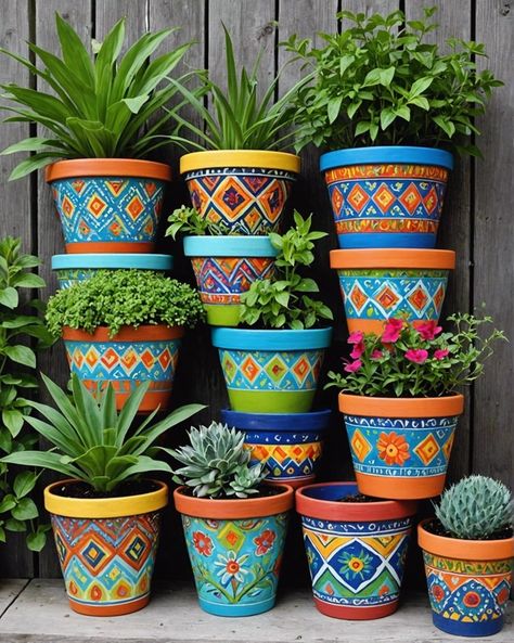 20 Boho Garden Ideas For a Magical Look – ToolzView Mexican Pots For Plants, Pot Plant Painting Ideas, Plant Pots Painting Ideas, Terracotta Pot Painting Ideas, Decorated Pots, Boho Garden Ideas, Mexican Garden, Terra Cotta Pot Crafts Diy, Garden Fence Art