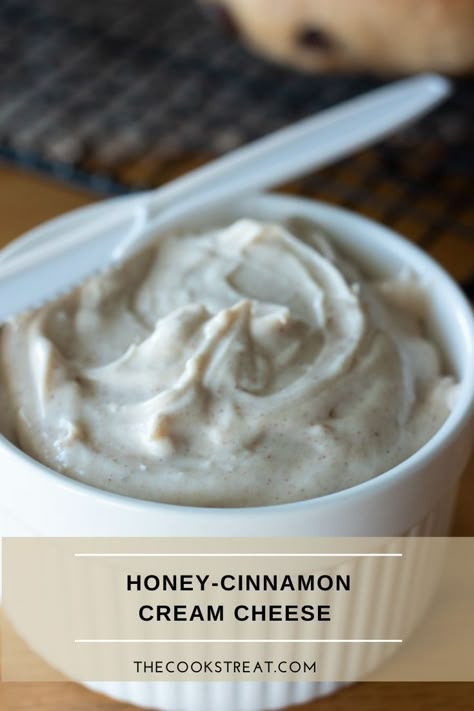 This honey-cinnamon cream cheese is a delicious spread for bagels, bread or crackers. It also works well as a dip for apples or other fruit. #TheCooksTreat #HoneyCinnamonCreamCheese #CreamCheeseSpread Honey Cinnamon Cream Cheese, Cream Cheese Smear, Honey Cream Cheese Spread, Panera Cream Cheese Spread, Bagel And Cream Cheese Ideas, Flavored Cream Cheese Recipes For Bagels, Cream Cheese Recipes For Bagels, Sweet Cream Cheese Spread, Cream Cheese Spread For Bagels