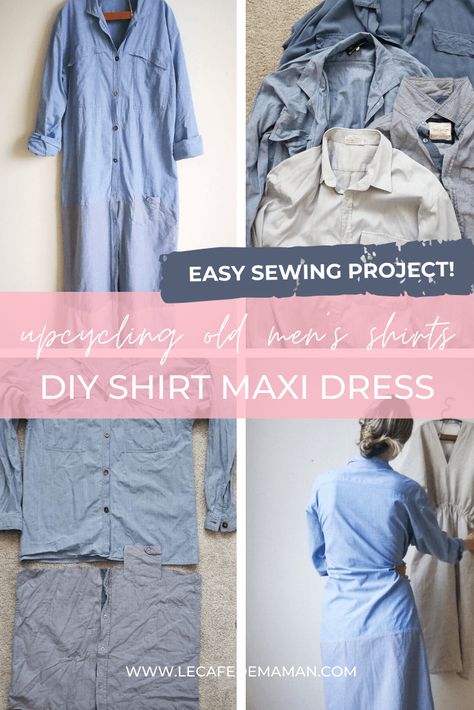 Dress From Mens Shirt, Sew Easy Dress, Diy Shirt Dress, Shirt Upcycle Diy, Shirt Dress Diy, Shirt Maxi Dress, Upcycled Shirt, Outfit For Summer, Upcycle Shirt