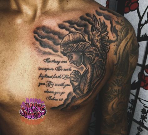 Fallen Angel Chest Tattoo, Christian Rib Tattoo Men, Psalm 73 26 Tattoo, Sholdertatoos Men, Mens Half Chest Tattoos, Male Chest Tattoos Ideas, Bible Verse Rib Tattoo, Angel Shoulder Tattoo Men, Chest Shoulder Tattoo Men