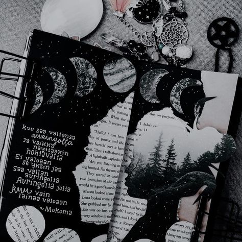 Moon Journal Aesthetic, Witchy Scrapbook Ideas, Moon Journal Ideas, Dark Journal Aesthetic, Dark Scrapbook, Moon Scrapbook, Space Journal, Diy Photo Book, Buch Design