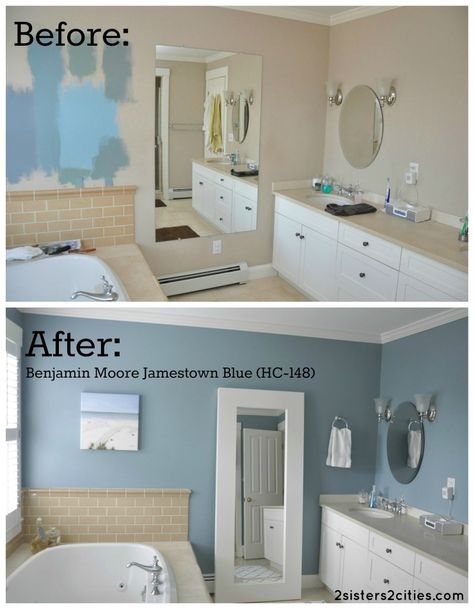 Glad I'm not the only person painting lots of colors on their walls (and leaving it that for for weeks) to help decide which color is best!!! Benjamin Moore Bathroom Colors, Blue Bathroom Paint, Best Bathroom Paint Colors, Best Bathroom Colors, Makeover Kamar Mandi, Small Bathroom Paint, Beige Bathroom Ideas, Small Bathroom Colors, Bathroom Color Schemes