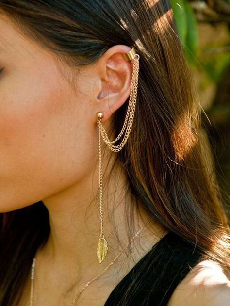 Free Returns ✓ Free Shipping On Orders $49+ ✓. Leaf Detail Layered Chain Earrings With Ear Cuff 1pc- Earrings at SHEIN. Leaf Ear Cuffs, Shopping Accessories, Ear Cuff Chain, Elf Fairy, Fairy Ears, Tassel Earing, Layered Chain, Piercing Ideas, Tassel Drop Earrings