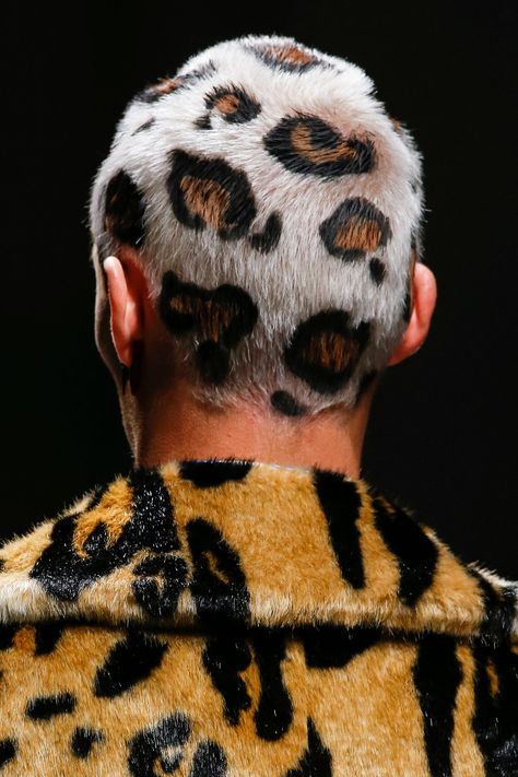 Versace Sent Leopard-Print Hair Down the Runway | Allure Cheetah Print Hair, Shaved Head Designs, Dyed Hair Men, Shaved Hair Designs, Buzzed Hair, Leopard Print Hair, Runway Hair, Leopard Hair, Hair Patterns