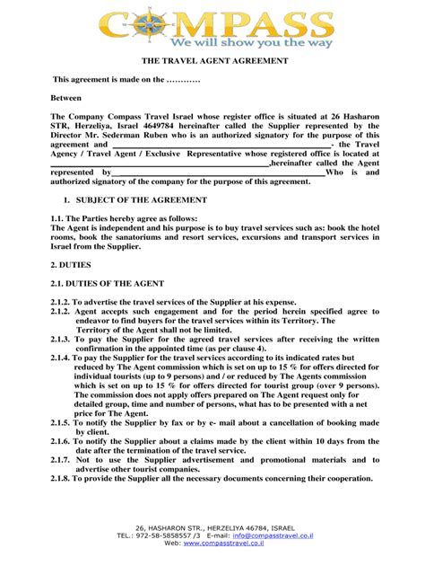 Travel Agency Contract Template Travel Agency Agreement Template Template Agreements from typeset.ioIntroductionWhat is a Travel Agency Contract?Why is a Travel Agency Contract Impor... #Agency #Contract #Template #Travel Travel Agent Contract, Service Level Agreement Design, Business Agreement Contract Templates, Confidentiality Agreement Template, Business Model Template, Equipment Rental Agreement, Massage Gift Certificate, Travel Brochure Template, Agenda Template