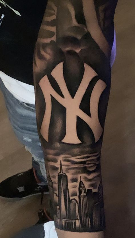 New York Forearm Tattoo, New York Yankee Tattoo Ideas, Atlanta Sleeve Tattoo, Negative Shaded Tattoos, Hennessy Tattoo Designs, New York Leg Tattoo, Yankee Logo Tattoo, New York Yankee Tattoos, New York Yankees Tattoo Ideas