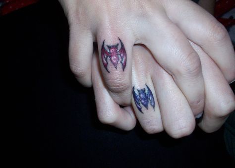 Engagement tattoo. #bats #tattoo #goth_couple Goth Couples Tattoo, Goth Couple Tattoo Ideas, Gothic Couple Tattoos, Matching Gothic Tattoos, Bat Finger Tattoo, Goth Couple Tattoos, Gothic Matching Tattoos, Matching Bat Tattoos, Matching Goth Tattoos