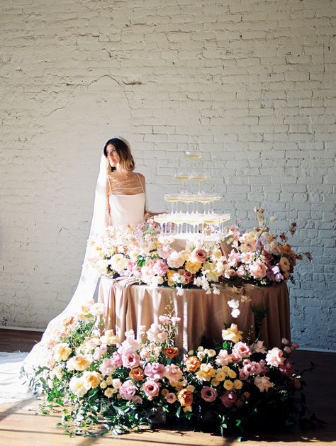 Floral Champagne Tower, Champagne Tower With Flowers, Champagne Tower Wedding, Champagne Towers, Modern Regency, Unique Wedding Bouquet, Hill Country Wedding Venues, Table Floral Arrangements, Austin Wedding Venues