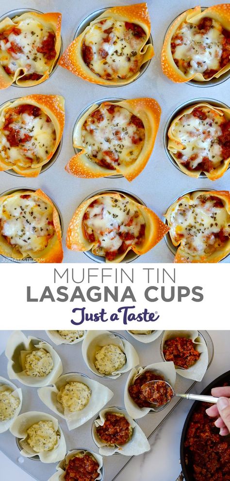 Top image: A top-down view of lasagna cups in a muffin tin. Bottom image: A hand holding a spoon containing lasagna sauce adds sauce atop wonton cups containing a cheese mixture. Muffin Tin Recipes Appetizers, Pepperoni Lasagna Cups, Easy Lasagna Cups, Lasagna Appetizer Appetizers, Lasagna Noodle Appetizers, Muffin Tin Lasagna, Lasagna Roll Ups In Muffin Tin, Bolognese Lasagna Bites, Lasagna Stuffed Shells In Muffin Pan