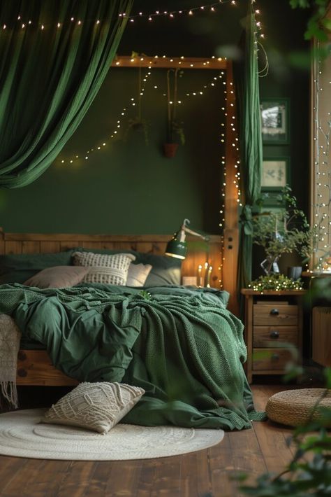 Cozy Forest Aesthetic, Dark Green Bedroom Decor, Dark Green Bedroom Ideas, Dark Green Bedroom, Bronze Bedroom, Green Bookshelves, Mood Dark, Bedroom Decor Aesthetic, Green Bedroom Ideas