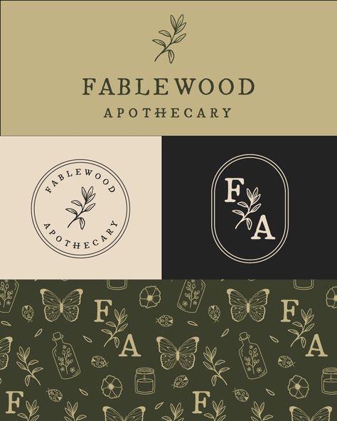 Fablewood Apothecary is a botanical brand identity that uses shades of green as well as black and beige for an earthy and slightly witchy feel. keywords: brand board, branding inspiration, brand design logo, small business, boutique, visual identity, halloween, nature Apothecary Design Branding, Cottage Branding Design, Witchy Small Business, Earthy Logo Design Inspiration, Botanical Logo Ideas, Rebranding Logo Design, Cozy Brand Identity, Visual Identity Moodboard, Cottagecore Website Design