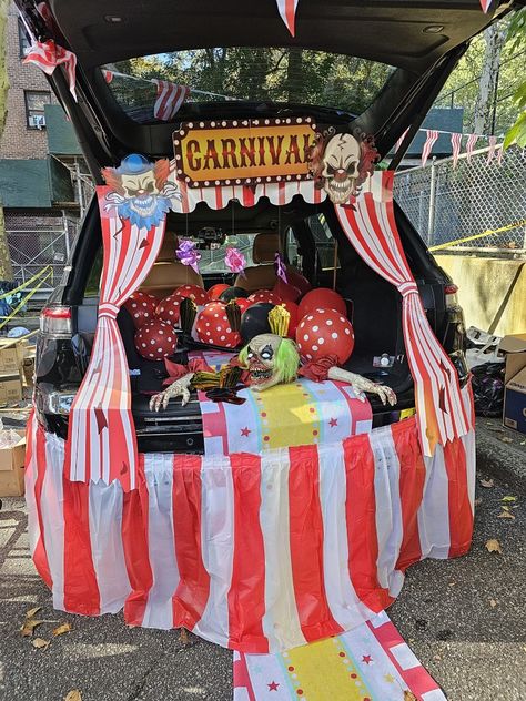 Carnival Themed Trunk Or Treat Ideas, Circus Theme Trunk Or Treat Ideas, Circus Trunk Or Treat Ideas, Scary Circus Trunk Or Treat, Circus Trunk Or Treat, Carnival Trunk, Creepy Circus Trunk Or Treat, Trunk Or Treat Ideas, Treat Ideas