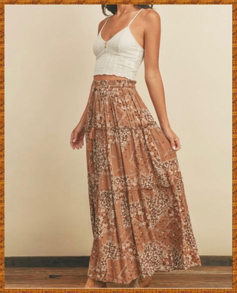 [PaidLink] This Beautiful Maxi Skirt Comes In A Floral Patchwork Design. This Skirt Has A Three Tiered With Ruffle Detail And A Elastic Waistband With Tassel Drawstring. This Skirt Is Unlined. Model Is 510 And Wearing A Small. 100% Rayon #bohomaxiskirtoutfitsummer Boho Long Skirt Outfit, Bohemian Skirt Outfit, Boho Skirts Long, Boho Maxi Skirt Outfit, Printed Maxi Skirt Outfit, Long Summer Skirts, Boho Skirt Outfit, Tiered Skirt Outfit, Flowy Skirt Outfit