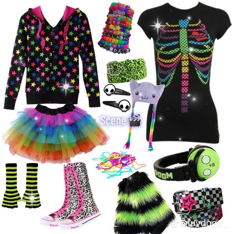 Scean Kid Outfits, Neon Scene Outfits, Rainbow Scene Outfit, Winter Scenecore Outfits, Scenekid Outfits, Where To Buy Scene Clothes, Scene Girl Outfits 2000s, Scene Kid Clothes, Scene Outfits Colorful