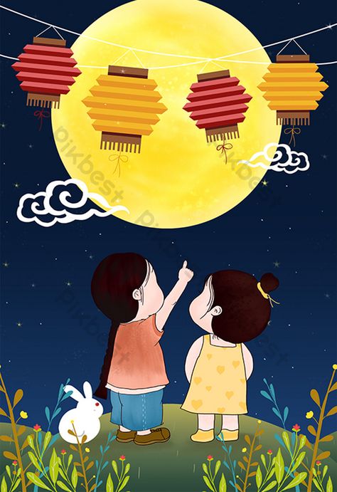 Traditional Festival, Rabbit Drawing, Cake Illustration, Moon Festival, Moon Illustration, Autumn Festival, Autumn Night, Mid Autumn, Mid Autumn Festival