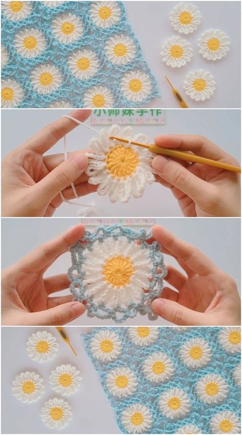 Crochet Blanket Stitch Pattern, Crochet Flower Squares, Crochet Daisy, Crochet Sunflower, Crochet Flower Tutorial, Crochet Square Patterns, Granny Squares Pattern, Granny Square Crochet Pattern, Crochet Flower Patterns