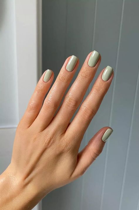 25 Sage Green Nails That Are Worth Swooning Over Pastel Green Gel Nails Short, Spring 24 Nails Short, Nails Ideas For Spring 2024, Olive Short Nails, Pale Green Gel Nails, Spring Nail Art Green, Spring Coloured Nails, Sage Green Nail Color, Spring Nail Simple