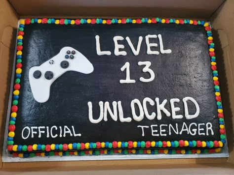 Level Unlocked Birthday Cake, 12th Birthday Boy Ideas, Cake Ideas For 13th Birthday Boy, Birthday Cake 13 Boy, 13th Boy Birthday Party Ideas, Teen Boy Birthday Cake Ideas, Boys 13th Birthday Cake, Gamer Cake Ideas, 13 Birthday Party Ideas For Boys