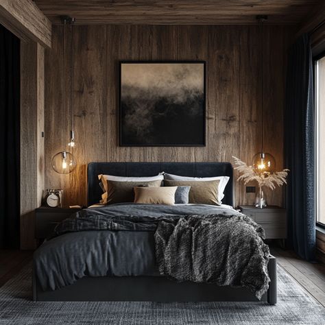 How to Achieve a Rustic Modern Mountain-Themed Bedroom Design – FAYA Interior Design Modern Cabin Guest Bedroom, Woodsy Modern Bedroom, Mountain Master Bed, Mountain Inspired Bedroom, Moody Mountain Home, Modern Mountain Cabin Interior, Rustic Modern Cabin Interior, Mountain House Interior Design, Ski Chalet Bedroom