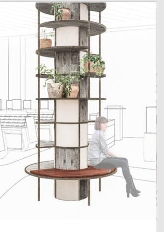 Shelving Around Column, Structural Column Design Living Rooms, Architectural Column Design, Minimalist Column Design, Pillar Storage Ideas, Collums Interior Modern, Column Shelf Design, Columns Design Ideas, Shared Retail Space