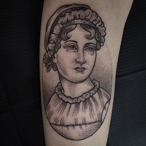 Jane Austen for a very sweet girl from Denmark. Thank you Anne! 😘 Austen Tattoo, Jane Austen Tattoo, Literary Tattoos, Elizabeth Gaskell, Jane Austen Quotes, Dotwork Tattoo, Regency Fashion, Charlotte Bronte, Book Tattoo