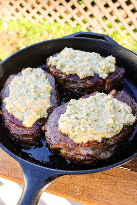 Bleu Cheese Steak Topping, Delmonico Steak Recipes, Black And Blue Steak, Blue Cheese Ribeye Steak, Blue Cheese Crusted Steak, Blue Cheese Steak Sauce, Steak With Blue Cheese Crumbles, Steak With Blue Cheese Butter, Crusted Steak Recipe