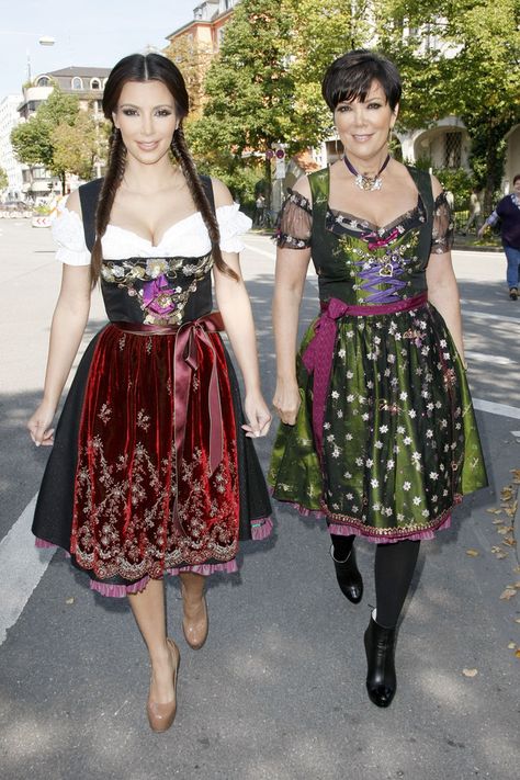 Back in September of 2010, Kim Kardashian and Kris Jenner embarked on the journey of a lifetime to Munich, Germany. Octoberfest Girls, Bavarian Dress, Xmas Party Dresses, Oktoberfest Woman, October Fest, German Costume, Jenner Photos, German Dress, Oktoberfest Outfit