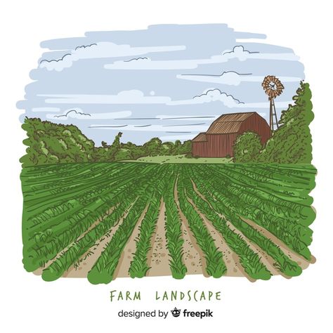 Farm Drawing Ideas, Farm Drawing Landscape, Farm Drawing, Farm Illustration, Farm Cartoon, Farm Vector, Crop Farming, Markers Drawing, Farm Landscape