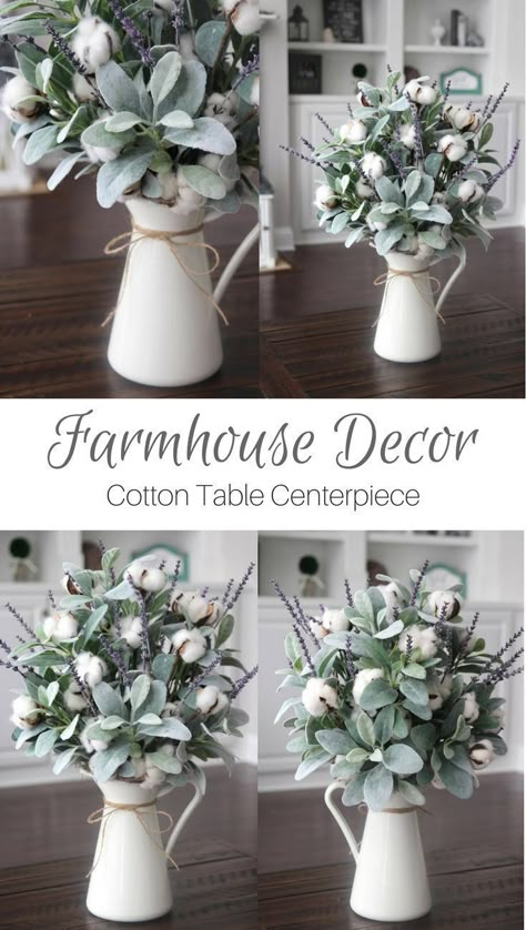 Farmhouse Decor~Cotton Arrangement~Table Centerpiece~Lamb's Ear~Lavender and Cotton in a White Pitcher #affiliate #farmhousedecor #homedecorideas Victorian Furniture Living Room, Diy Farmhouse Living Room, Farmhouse Living Room Decor Ideas, Farmhouse Living Room Decor, Diy Living Room Decor, Dekor Diy, Victorian Furniture, Farmhouse Decor Living Room, Farmhouse Ideas